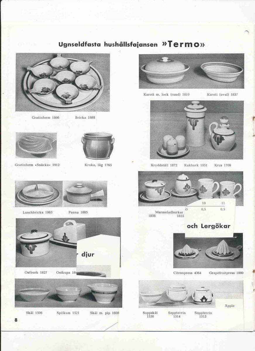 Produktkatalog från Bo Fajans 1946 över hushållskärl, blomkrukor, amplar och vit hushållsfajans.