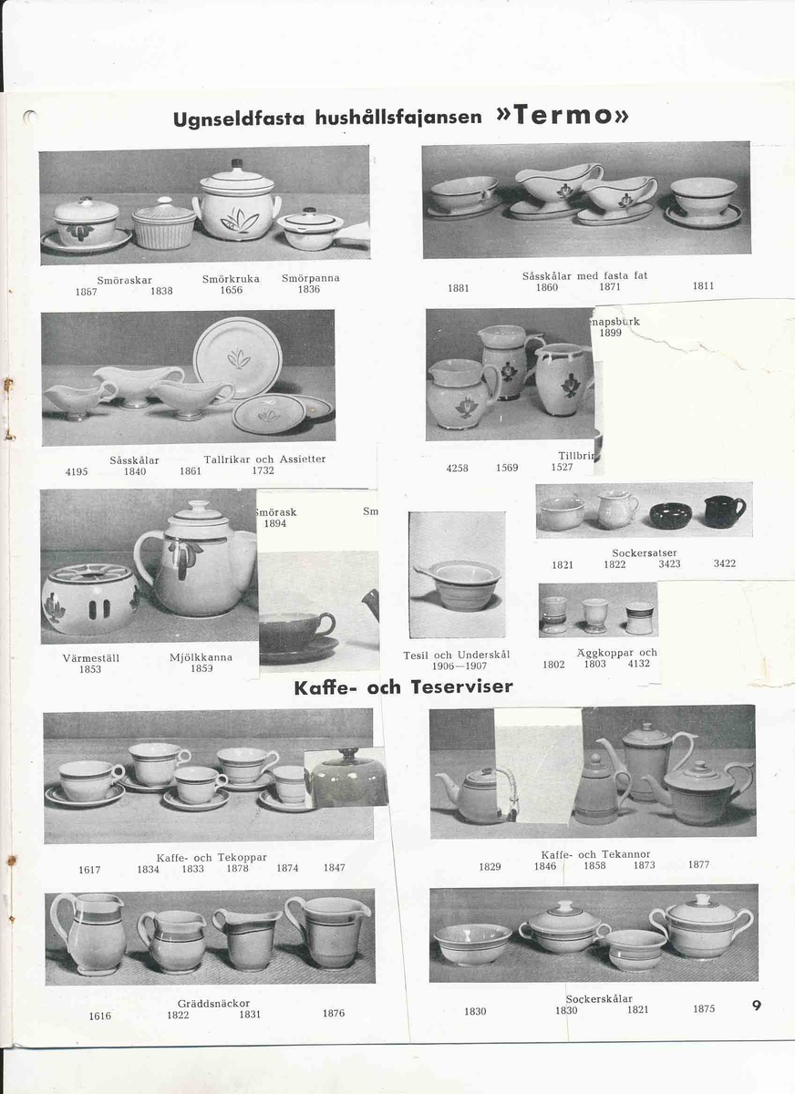 Produktkatalog från Bo Fajans 1946 över hushållskärl, blomkrukor, amplar och vit hushållsfajans.