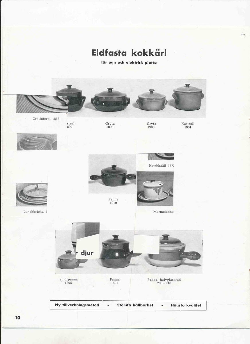 Produktkatalog från Bo Fajans 1946 över hushållskärl, blomkrukor, amplar och vit hushållsfajans.