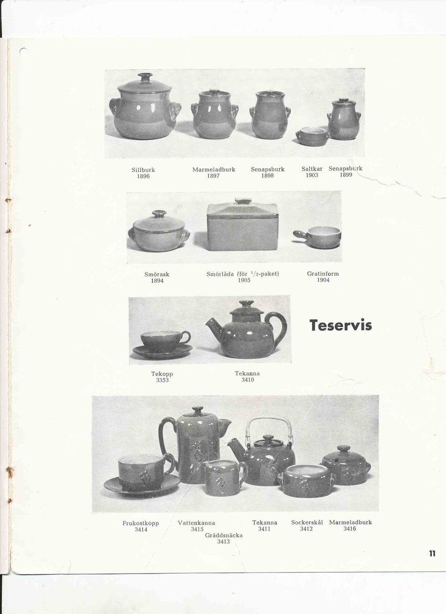 Produktkatalog från Bo Fajans 1946 över hushållskärl, blomkrukor, amplar och vit hushållsfajans.