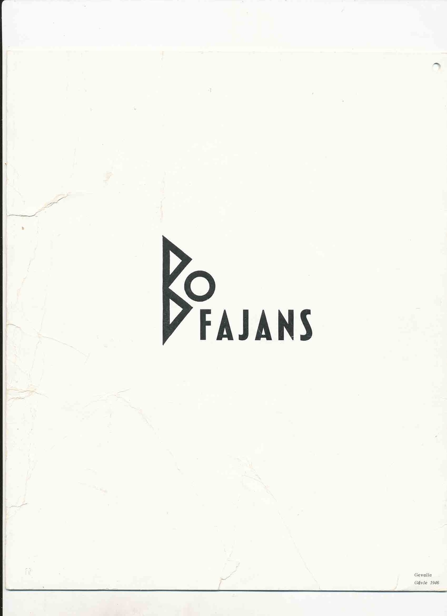 Produktkatalog från Bo Fajans 1946 över hushållskärl, blomkrukor, amplar och vit hushållsfajans.