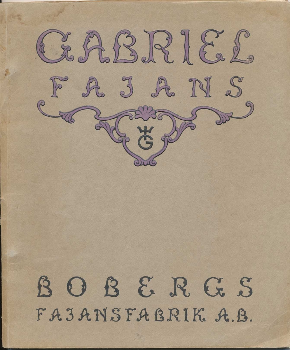 Produktkatalog över Gabrielfajanser från Bobergs Fajansfabrik AB. Innehåller föremål av Gabriel Burmeister som arbetade vid Bobergs fajansfabrik 1922-1925. Han grundade sin egen fabrik i Timmernabben 1925, Gabriel Keramik.