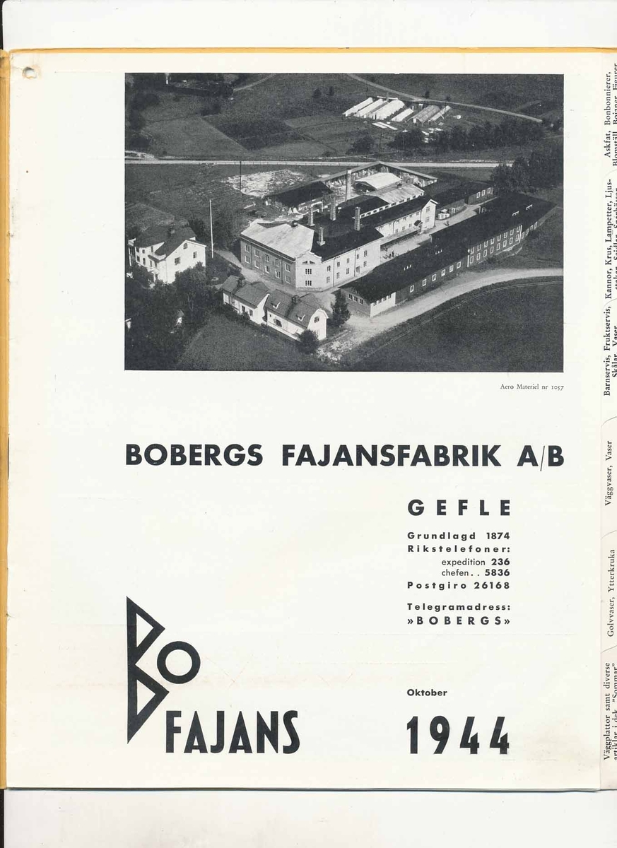 Prislista från Bo Fajans 1944.