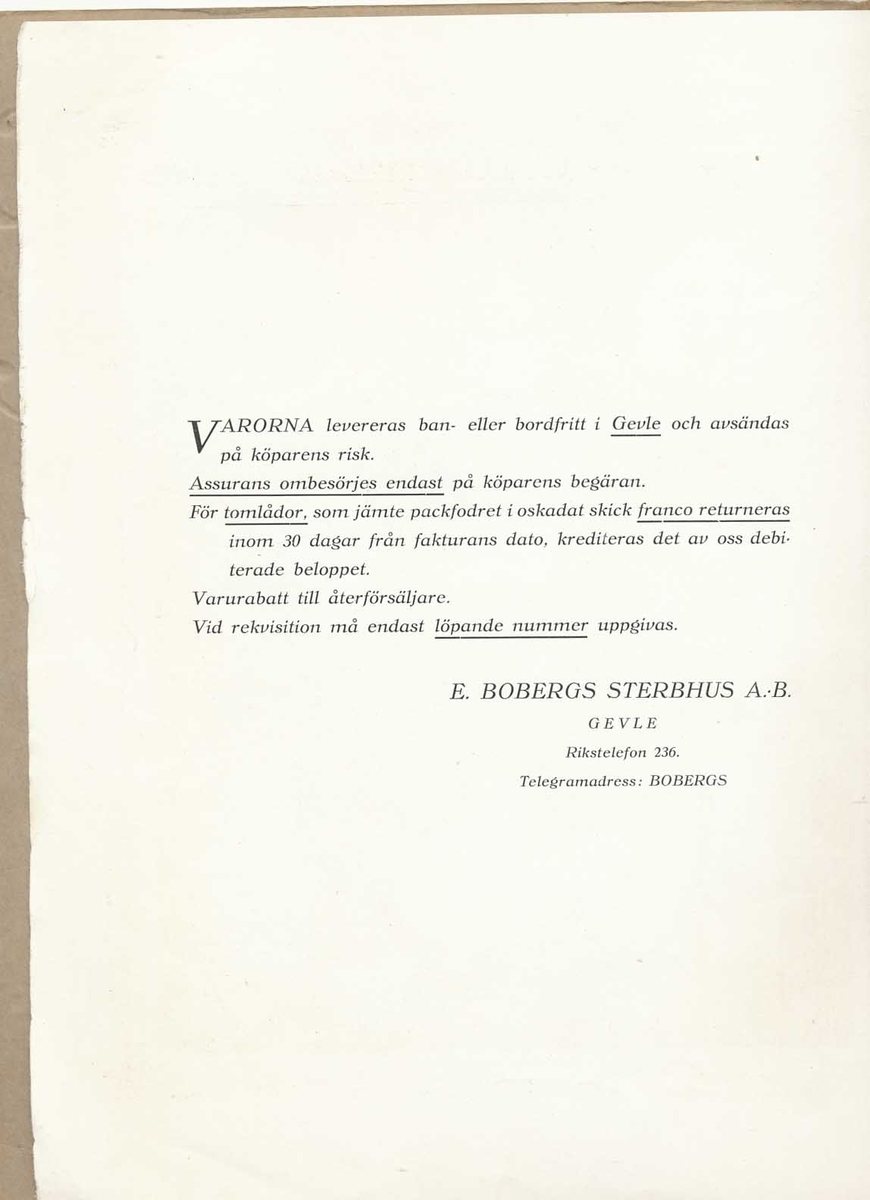 Produktkatalog över Gabrielfajanser från Bobergs Fajansfabrik AB. Innehåller föremål av Gabriel Burmeister som arbetade vid Bobergs fajansfabrik 1922-1925. Han grundade sin egen fabrik i Timmernabben 1925, Gabriel Keramik.