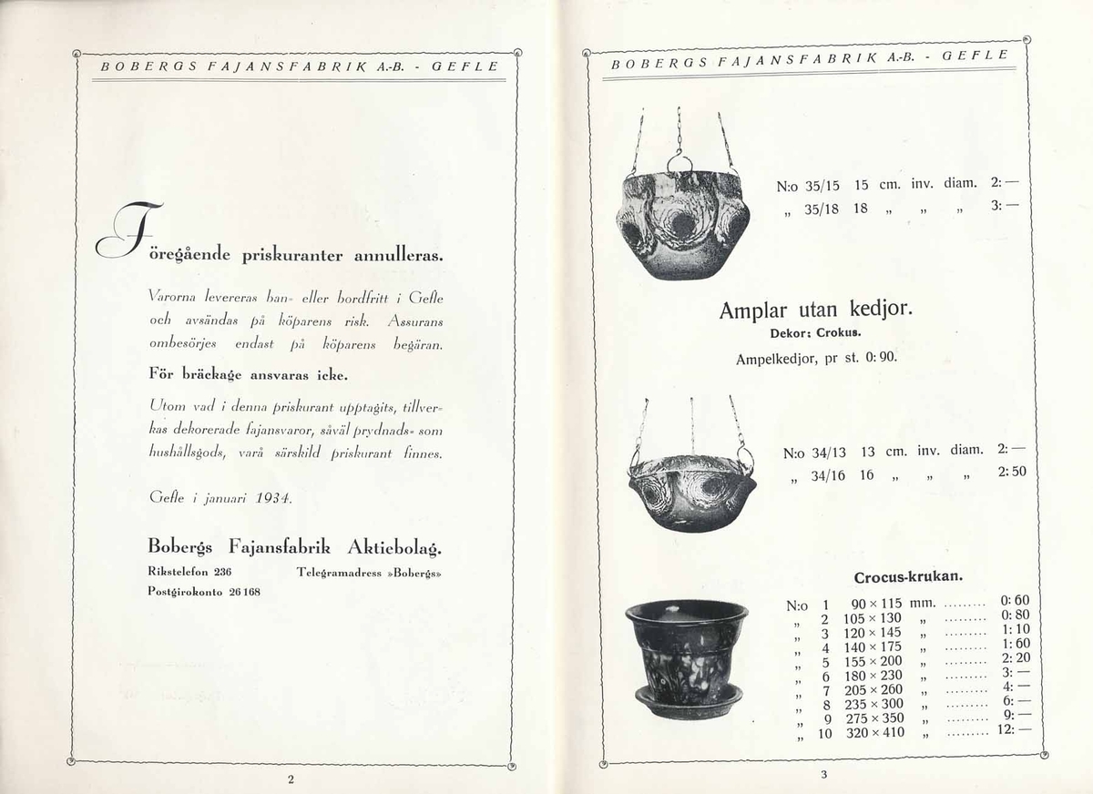 Priskurant från Bo Fajans 1934.