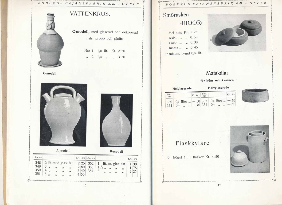 Priskurant från Bo Fajans 1934.