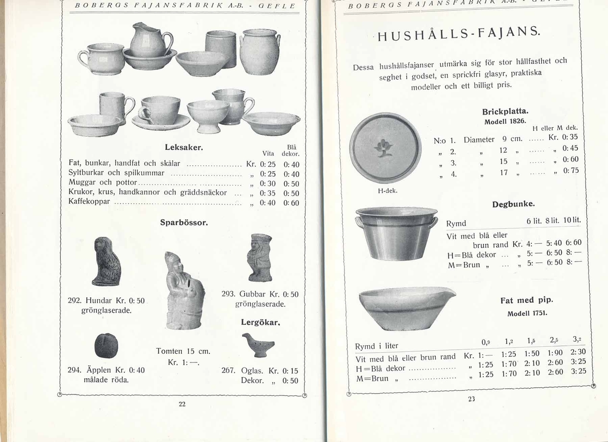 Priskurant från Bo Fajans 1934.