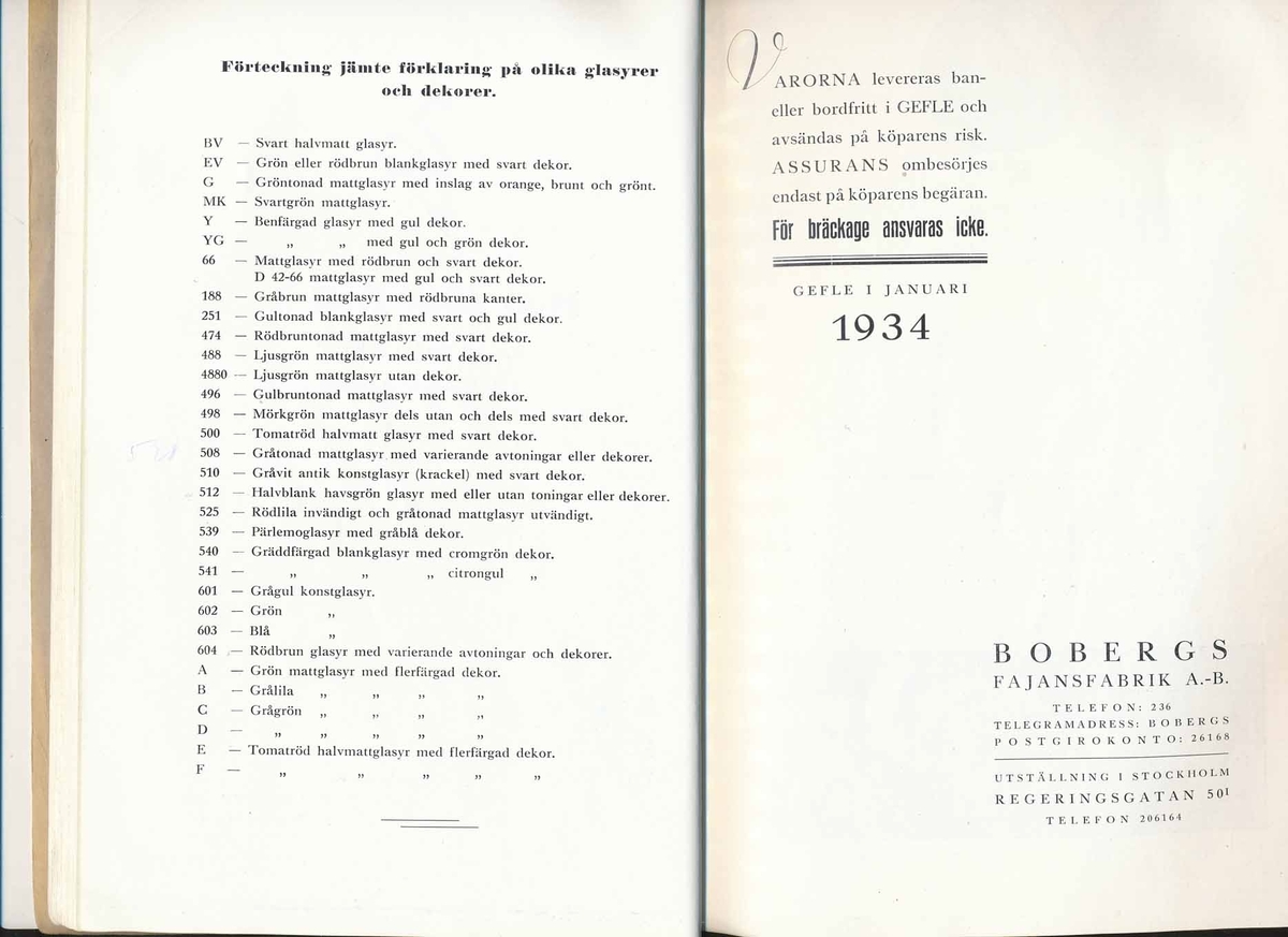 Priskurant från Bo Fajans 1934.