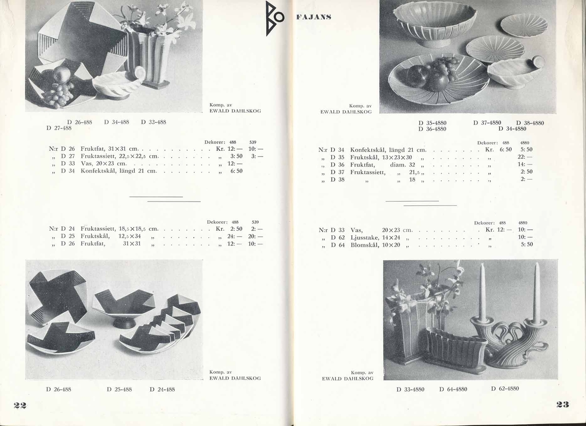 Priskurant från Bo Fajans 1934.