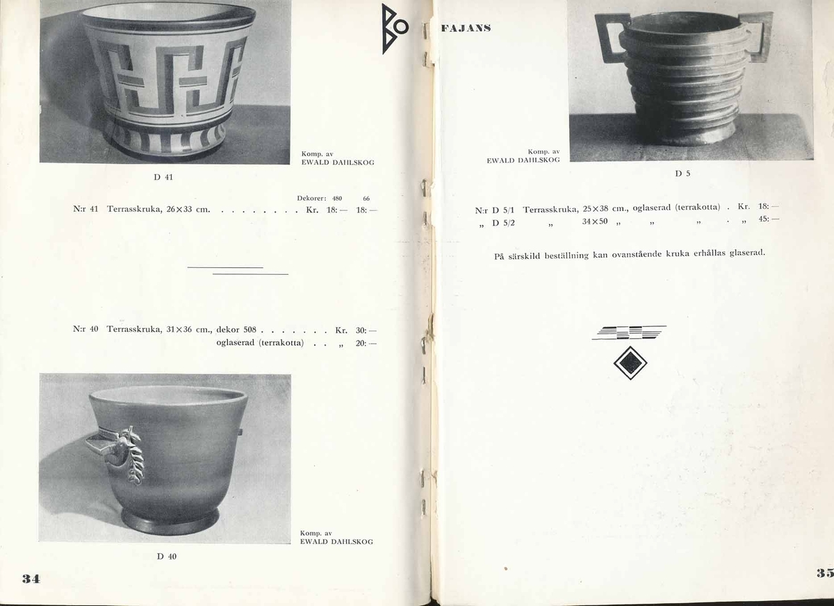 Priskurant från Bo Fajans 1934.