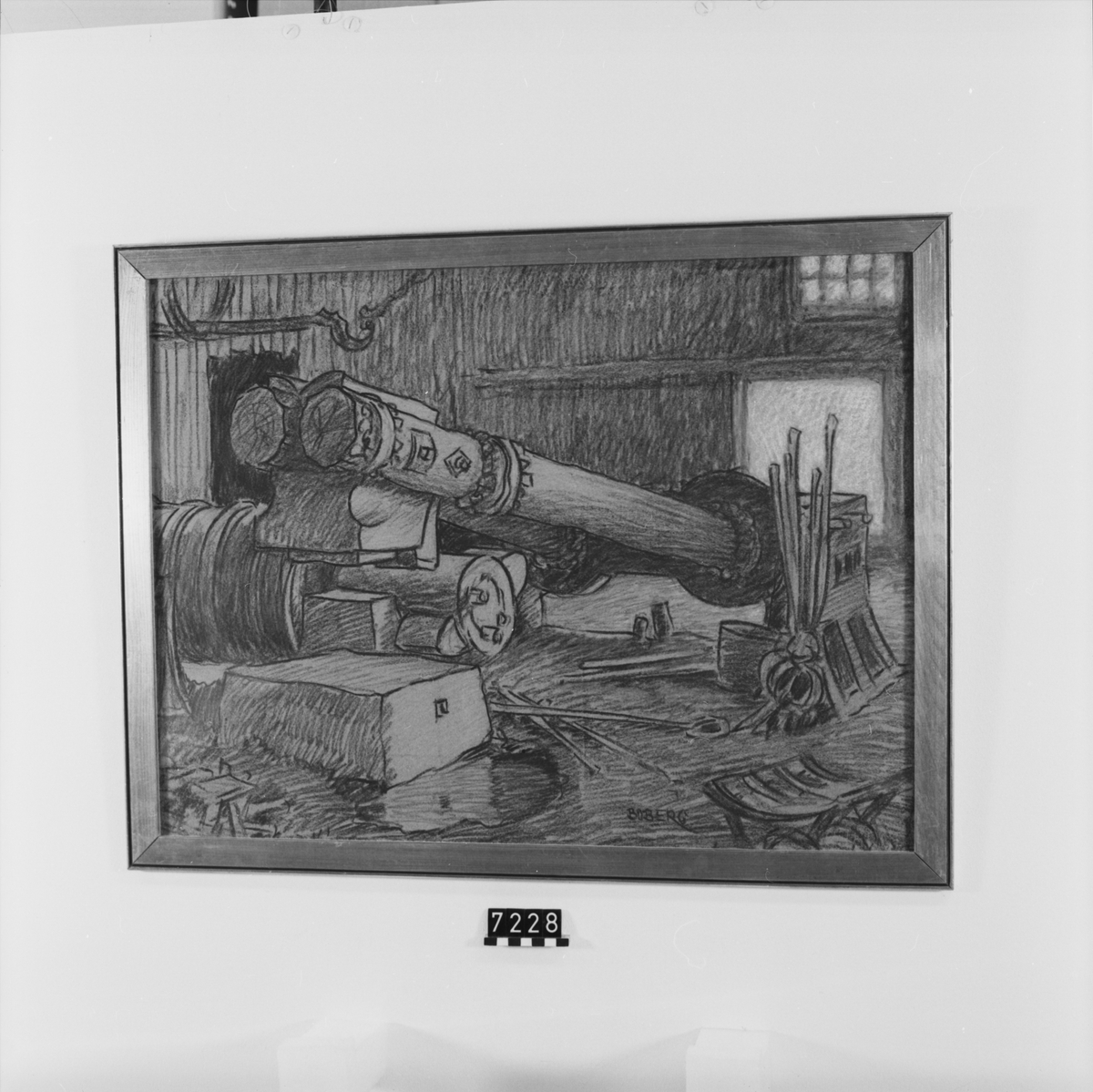 Signerad: "Boberg". På tavlans baksida: "Smälthammaren vid Svartå/ (Närke) 1922". "Ferdinand Boberg". I glas och förgylld ram.