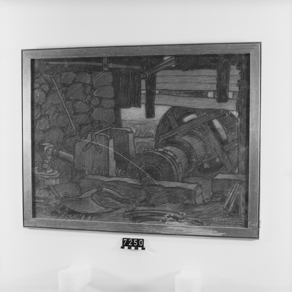 Signerad: "Boberg". På tavlans baksida: "Knipphammare i liessmedjan/ vid Vira bruk (Uppland) 1916". "Ferdinand Boberg". I glas och förgylld ram.