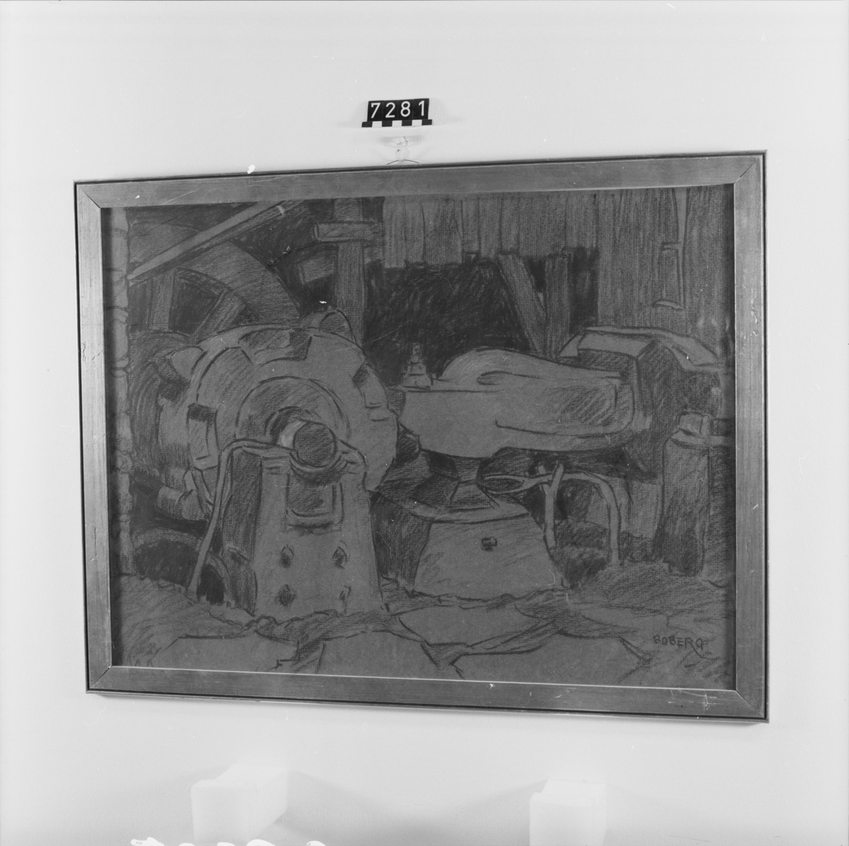 Signerad: "Boberg". På tavlans baksida: "För-räckaren vid Älfkarlö# (Uppland) 1919". "Obs! att äfven städet har ett "pen", hvilket# icke är förhållandet vid smälthamrarne# av i övrigt liknande typ!" "Ferdinand Boberg". I glas och förgylld ram.