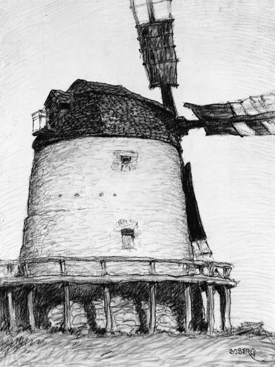 Signerad: "Boberg". På tavlans baksida: "Väderkvarn vid Högby# (Öland) 1924". "Ferdinand Boberg". I glas och förgylld ram.