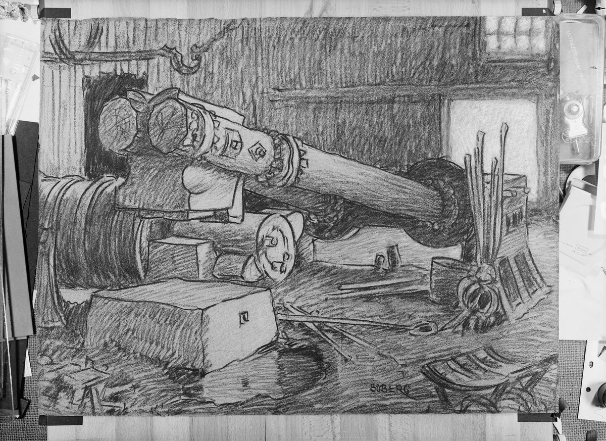 Signerad: "Boberg". På tavlans baksida: "Smälthammaren vid Svartå/ (Närke) 1922". "Ferdinand Boberg". I glas och förgylld ram.