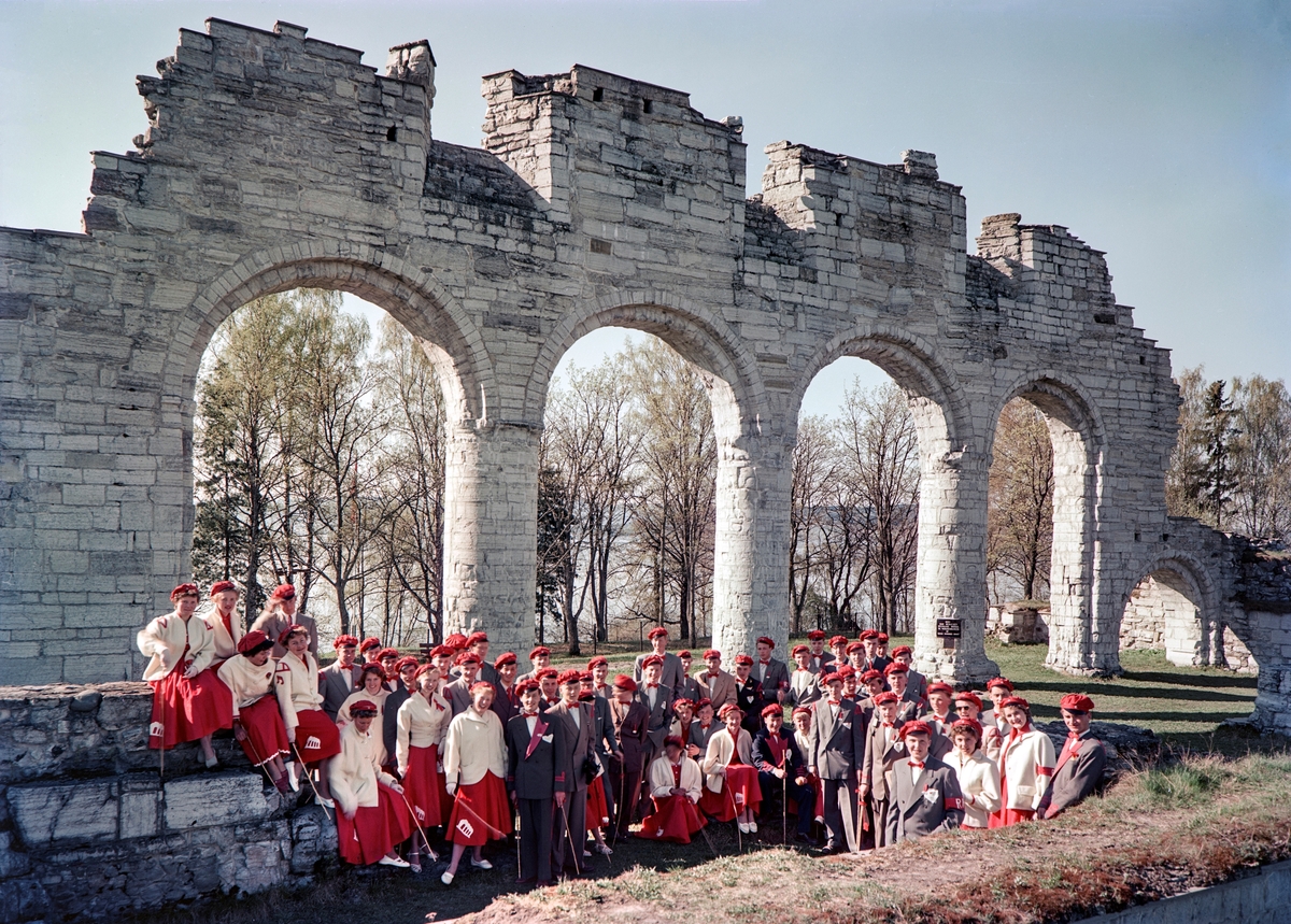 Domkirkeruinene på Domkirkeodden. Russefeiring. Rødruss. Russ fra Hamar katedralskole samlet til russedåp tidlig på morgenen 17. mai 1954. Det ble servert en blanding av tran og sprit.