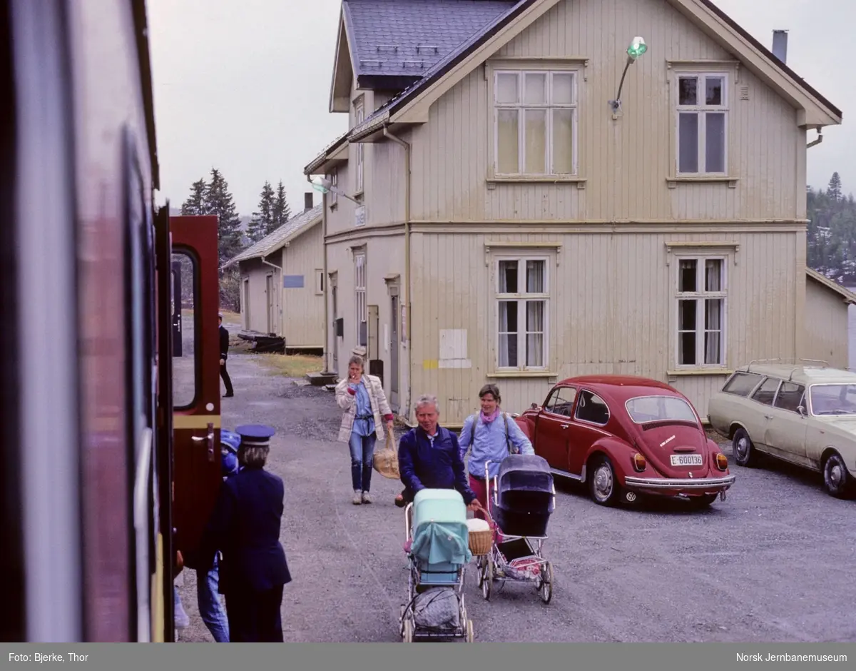 Reisende på Tonsåsen stasjon - togets overkonduktør tar i mot reisende med barnevogn i tog 282