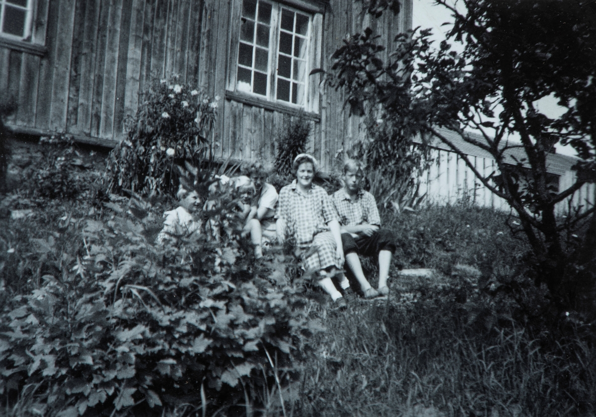 Øvre Tomter (60/1). Fra sørveggen av føderådsbygningen som ikke hadde vært i bruk siden 1896, da føderådsmannen Jacob Tomter (1810-1896) døde. Til høgre Helge Andreas Prestrud (f.1932), stuejente/barnepike, Helga Prestrud f.1931) og Kristen (f. 1937) Kristen skjult bak busk.