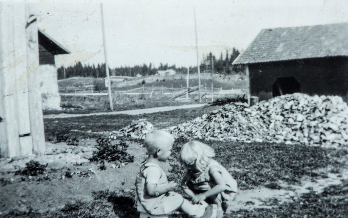 Øvre Tomter (60/1). Helge Andreas og Helga Prestrud ved flaggstanga på tunet på Øvre Tomter. Foran vedsjuldelen av drengestua ligger det en stor haug med nykløvet ved.