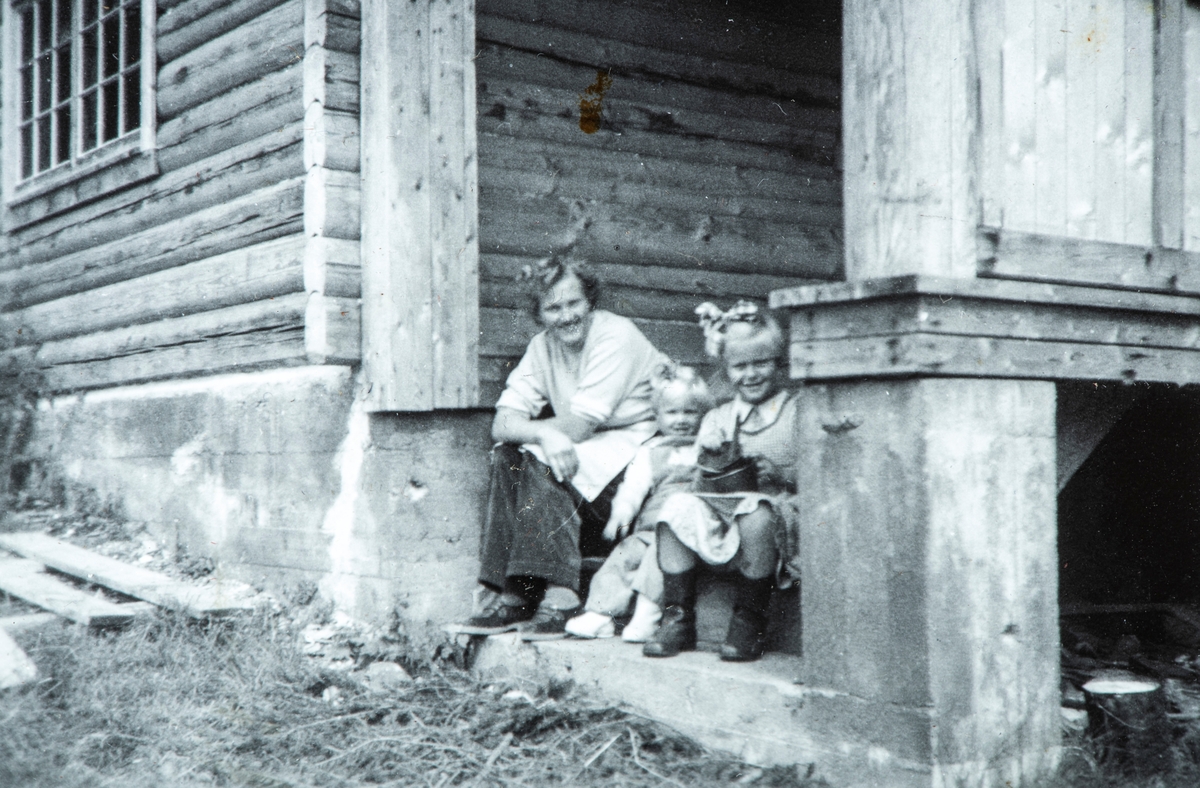 Øvre Tomter (60/1). Setra på Bringbu på 1950-tallet. Øvre Tomters nye hytte gjenoppbygd tidlig på 1950-tallet etter at tyskerne satte fyr på den eldre hytta under tyskernes raid på Skramstadøya høsten 1944. Tv: Hjørdis (Bi) Karset gift med Helge Andreas Karset, deres datter Ellen Sofie Karset og Ragnhild Prestrud fra Øvre Tomter.