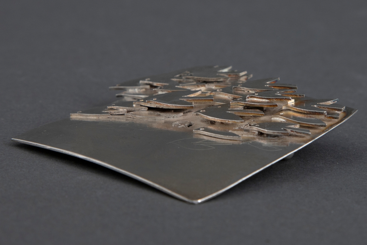 Tilnærmet kvadratisk brosje i sølv. Brosjens overside er dekorert med en rekke stiliserte duer i høyt relieff, som er loddet fast til overflaten. Konturene til fire duelignende fugler er gravert på brosjens nedre del. På baksiden er det gravert "KRIG ER FORAKT FOR LIV / FRED ER Å SKAPE / N. GRIEG", flankert av konturene av to duer. Påsatt nål.