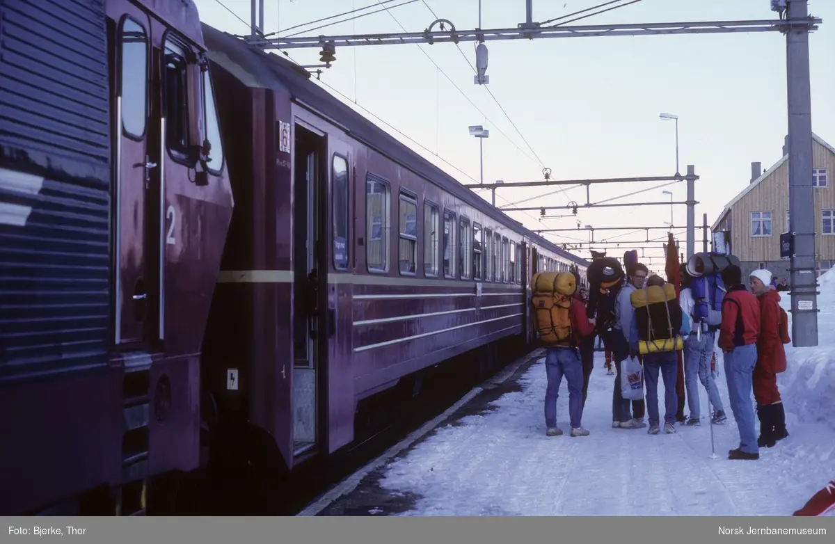 Reisende ved vestgående ekspresstog 63 på Finse stasjon