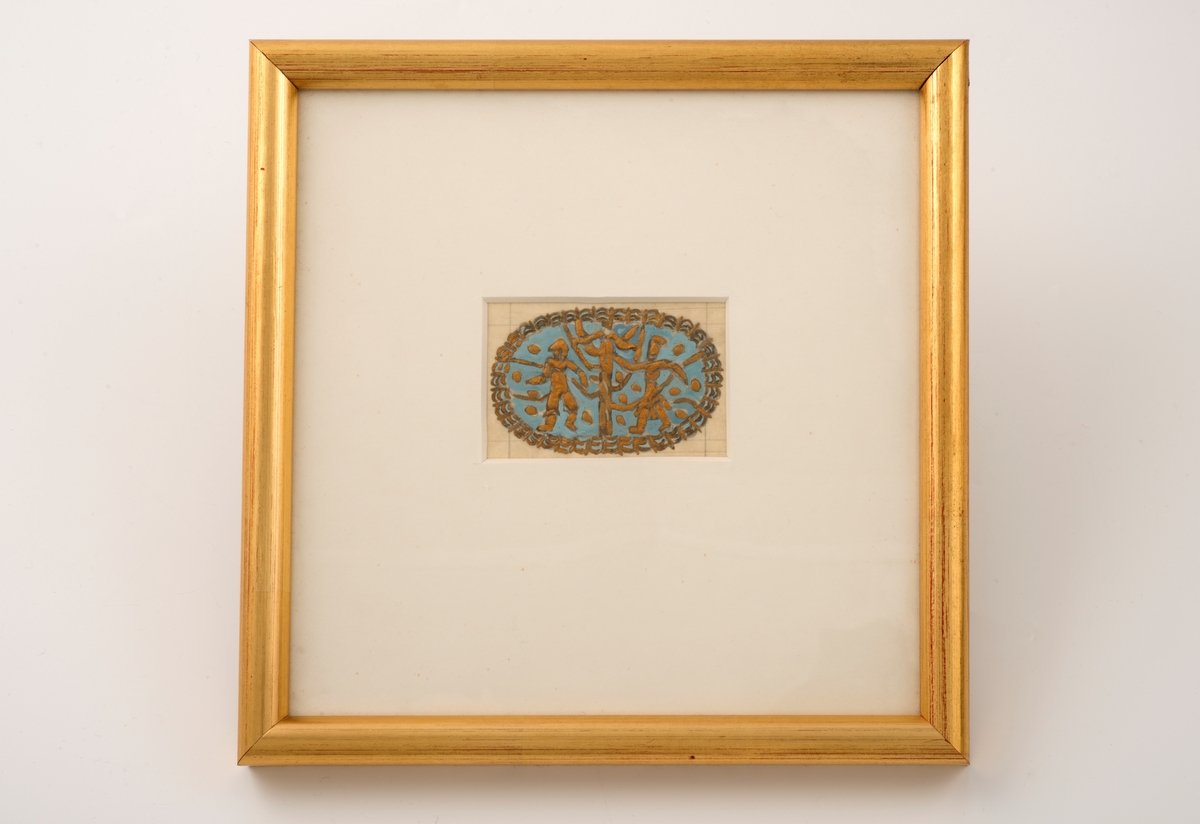 Utkast til brosje. Akvarell på papir, i glass og ramme.