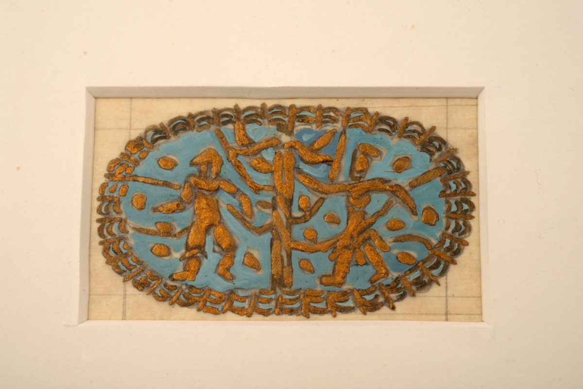 Utkast til brosje. Akvarell på papir, i glass og ramme.