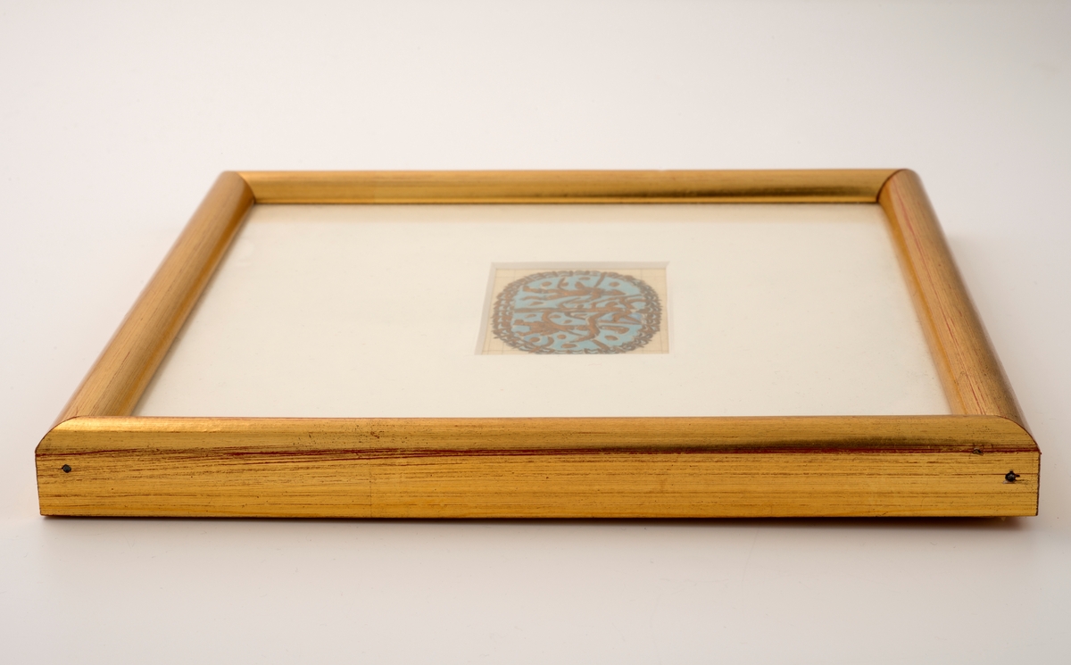 Utkast til brosje. Akvarell på papir, i glass og ramme.