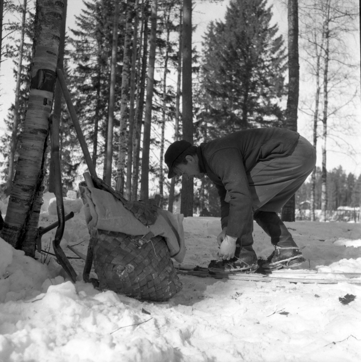 En mann med ryggsekk og ski i skogen.