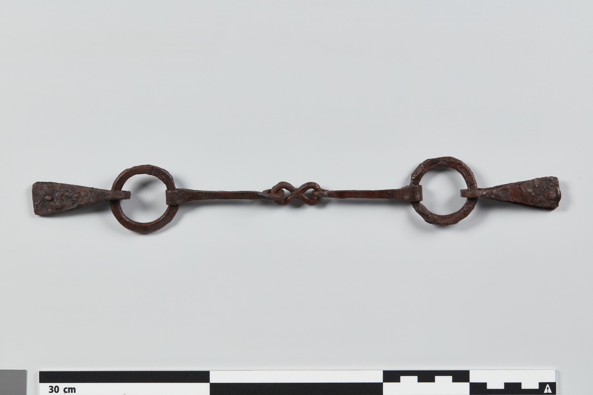 Bidselmundbid af Jern med løse Sideringe og dobbelt Led, usædvanlig tyndt og spædt. Begge Remholdere, af trekantet Form uden Zirater bevarede. Det heles Længde 11½"; Afstanden mellem Sideringene 5". Ringene smaa (1½" ydre Tvermaal).
