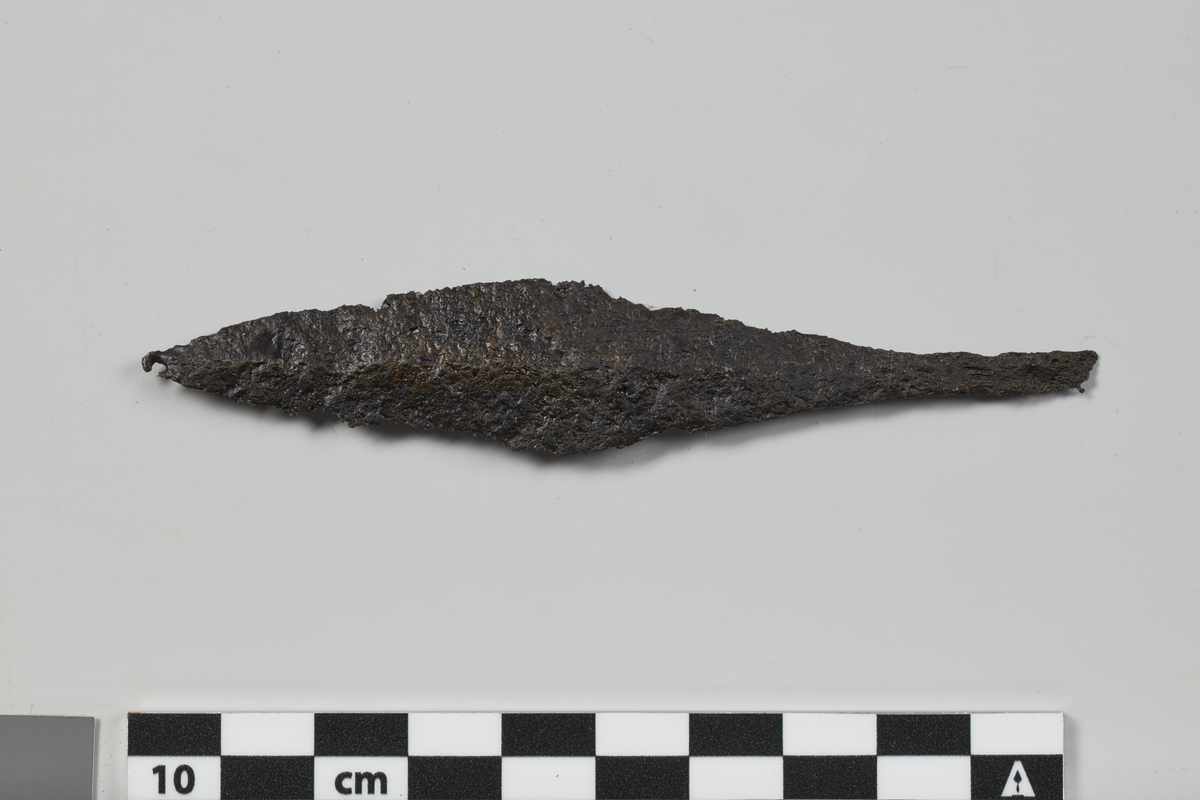 Pilespiss av jern, nærmest som R 540. Tangespissen er avbrutt ytterst. L. 10,2 cm, bladets stb. 2 cm.