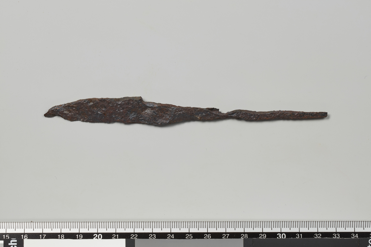 Kniv av jern. Krum rygg, jevnt avsmalnende tange. Liten avsats i ryggen. L. 15,5 cm. B. 1,5 cm. T. 5,5 mm. Merovingertid.