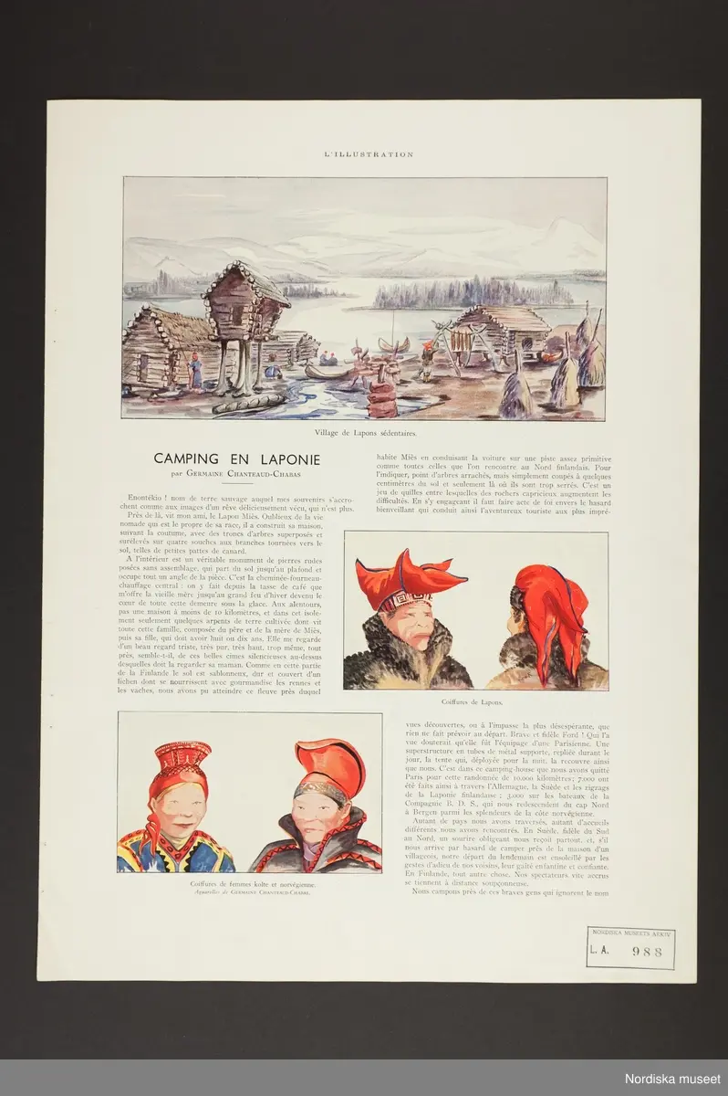 Tryckta sidor ur publikationen L'Illustration. Franskspråkig artikel. "Camping en Laponie", text och illustrationer av Germaine Chanteaud-Chabas. Samiskt liv. L.A.988