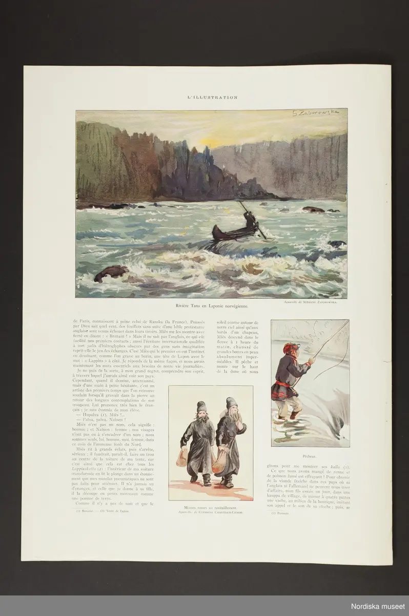 Tryckta sidor ur publikationen L'Illustration. Franskspråkig artikel. "Camping en Laponie", text och illustrationer av Germaine Chanteaud-Chabas. Samiskt liv. L.A.988