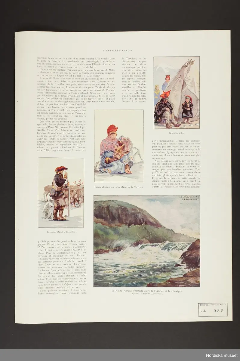 Tryckta sidor ur publikationen L'Illustration. Franskspråkig artikel. "Camping en Laponie", text och illustrationer av Germaine Chanteaud-Chabas. Samiskt liv. L.A.988