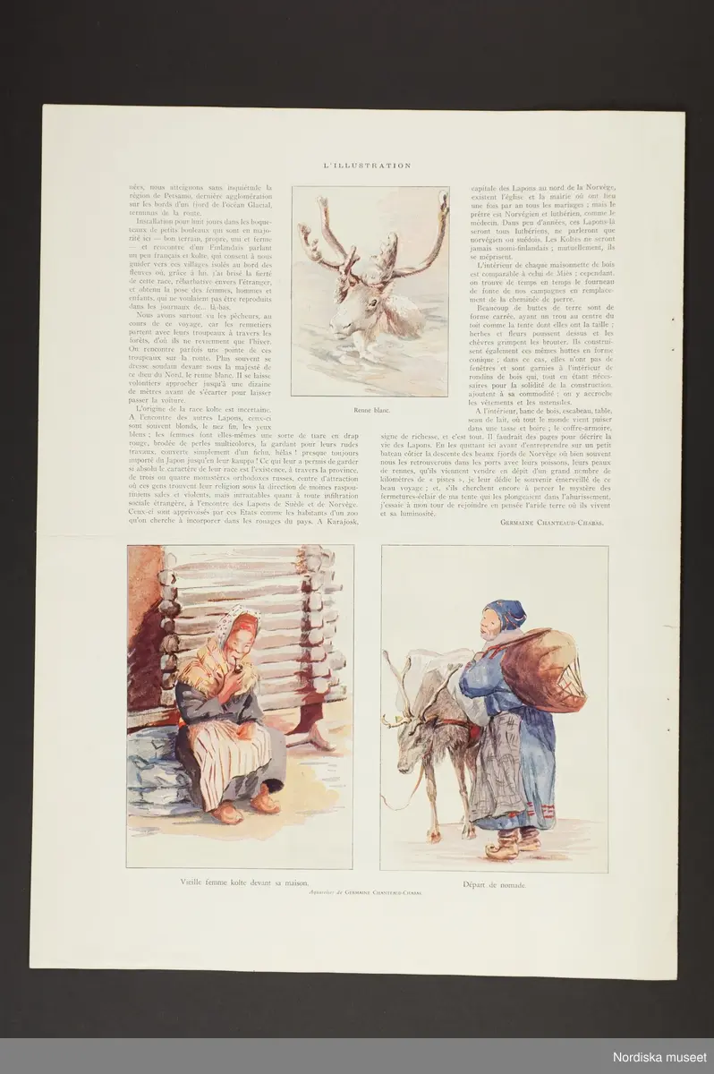 Tryckta sidor ur publikationen L'Illustration. Franskspråkig artikel. "Camping en Laponie", text och illustrationer av Germaine Chanteaud-Chabas. Samiskt liv. L.A.988