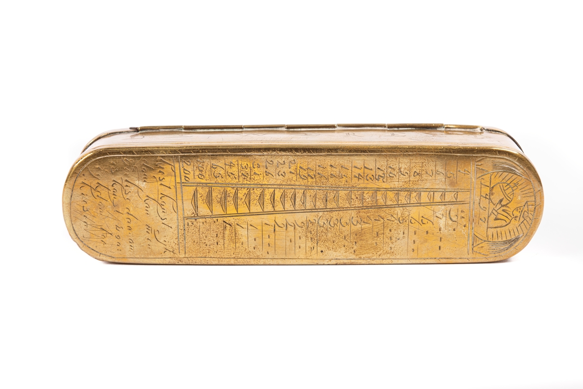 Tobakslåda av mässing från 1781. Rektangulär med rundade hörn. På lockets översida är en evighetskalender ingraveriad under botten en distanstabell. På främre långsidan VERLAAT (lämna) och initialerna CNB. På andra långsidan DE WERELT (världen).
Dosan kallas på engelska: "Dutchman's log-timer" eller "Dutch seaman's tobacco box". Utförd i mässing 1781, rektangulär med rundade hörn.