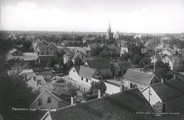 Vykort, "Panorama över Falkenberg. Statsvy över Falkenbergs centrala delar med den nya kyrkans torn i bakgrunden.