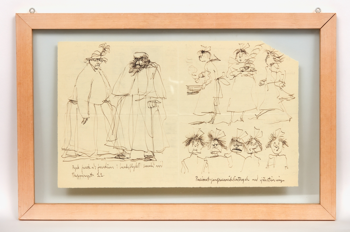 Illustrerat brev från konstnären Axel Fridell. 1927. Adressaten bortriven.
Skrivet med bläck på gulaktigt papper, i utvikt skick 327 x 200 mm.
Rikt illustrerat: skafferiet i pensionatet Skeppargatan 22 (Stockholm), ryskt furstepar, 3 aktionsbilder och 5 ansiktsuttryck på pensionatsjungfrur, 8 självporträtt och andra figurer.

Haskel sid 337 (Bilder 2).