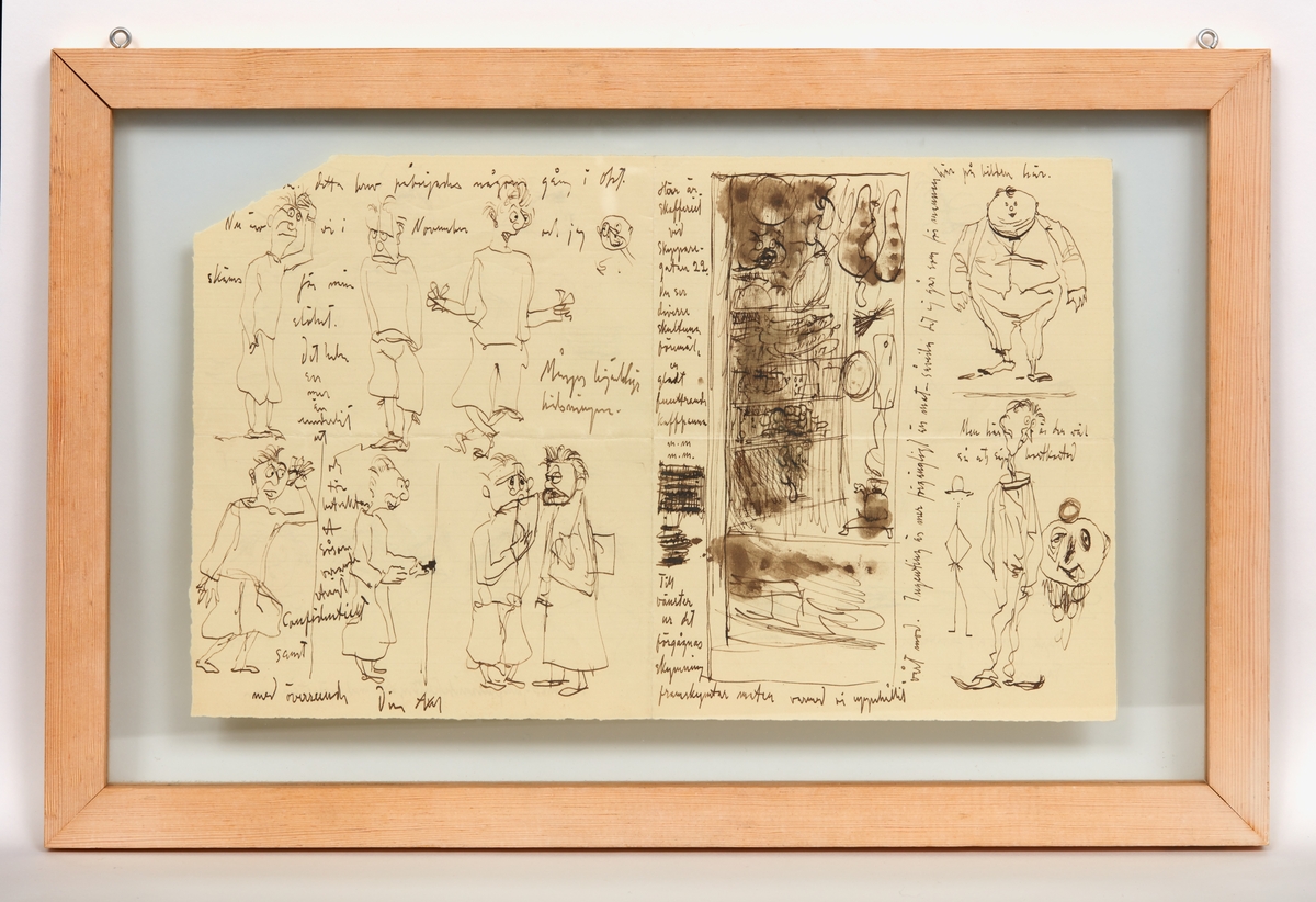 Illustrerat brev från konstnären Axel Fridell. 1927. Adressaten bortriven.
Skrivet med bläck på gulaktigt papper, i utvikt skick 327 x 200 mm.
Rikt illustrerat: skafferiet i pensionatet Skeppargatan 22 (Stockholm), ryskt furstepar, 3 aktionsbilder och 5 ansiktsuttryck på pensionatsjungfrur, 8 självporträtt och andra figurer.

Haskel sid 337 (Bilder 2).