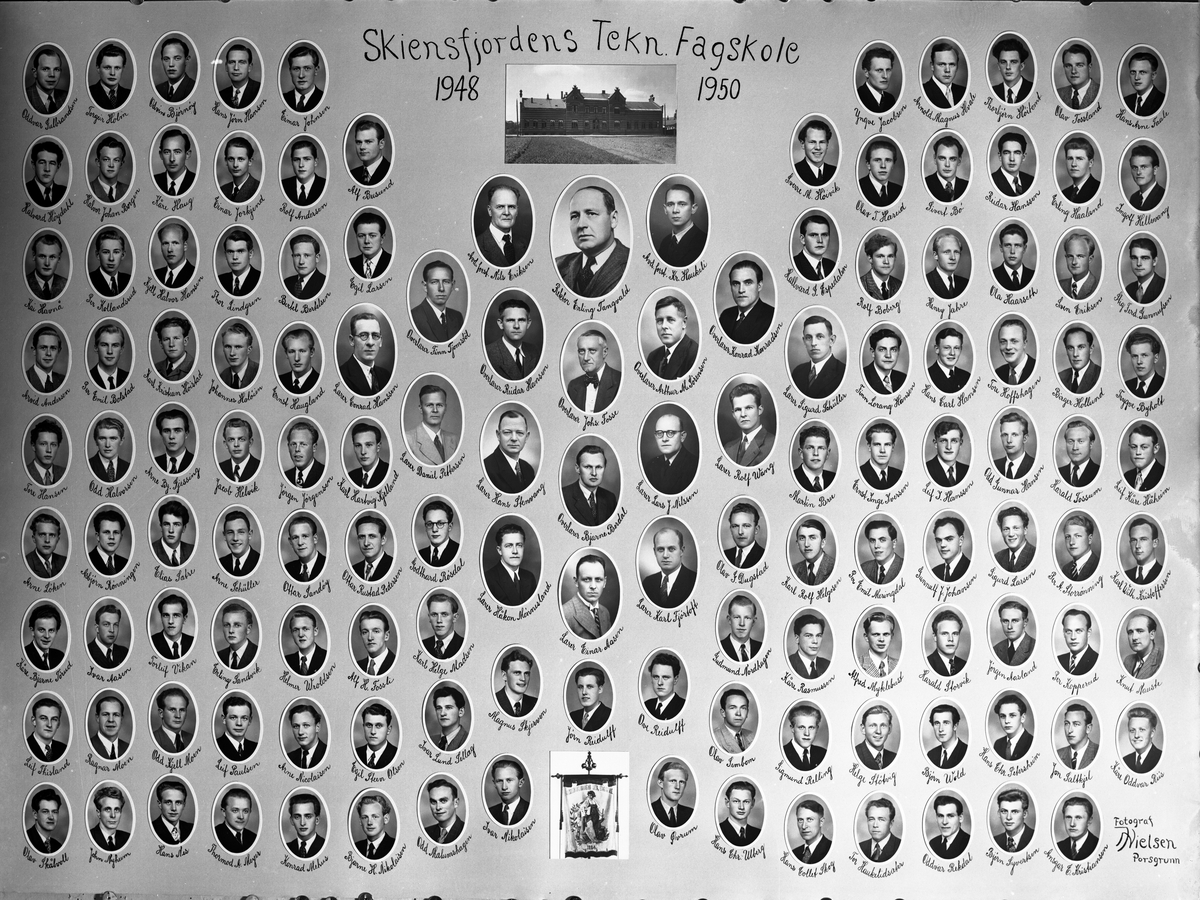 Fotosamling etter fotograf John Nielsen, Porsgrunn. Bilder viser ansatte og elever ved Skiensfjorden Mekaniske Fagskole. Årskullet 1948-1950, under Rektor Erling Tangelands ledelse