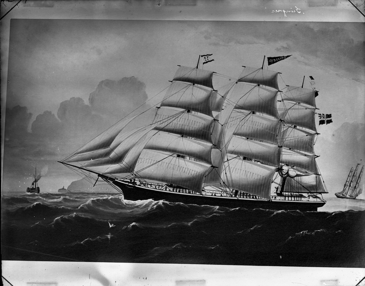 Fotosamling etter fotograf John Nielsen, Porsgrunn. Avfotografert maleri av fullriggeren Gungner bygget i Porsgrunn 1870 for P.M. Petersen. Den var i hans eie i perioden1870-1882, da den gikk ut av registeret.