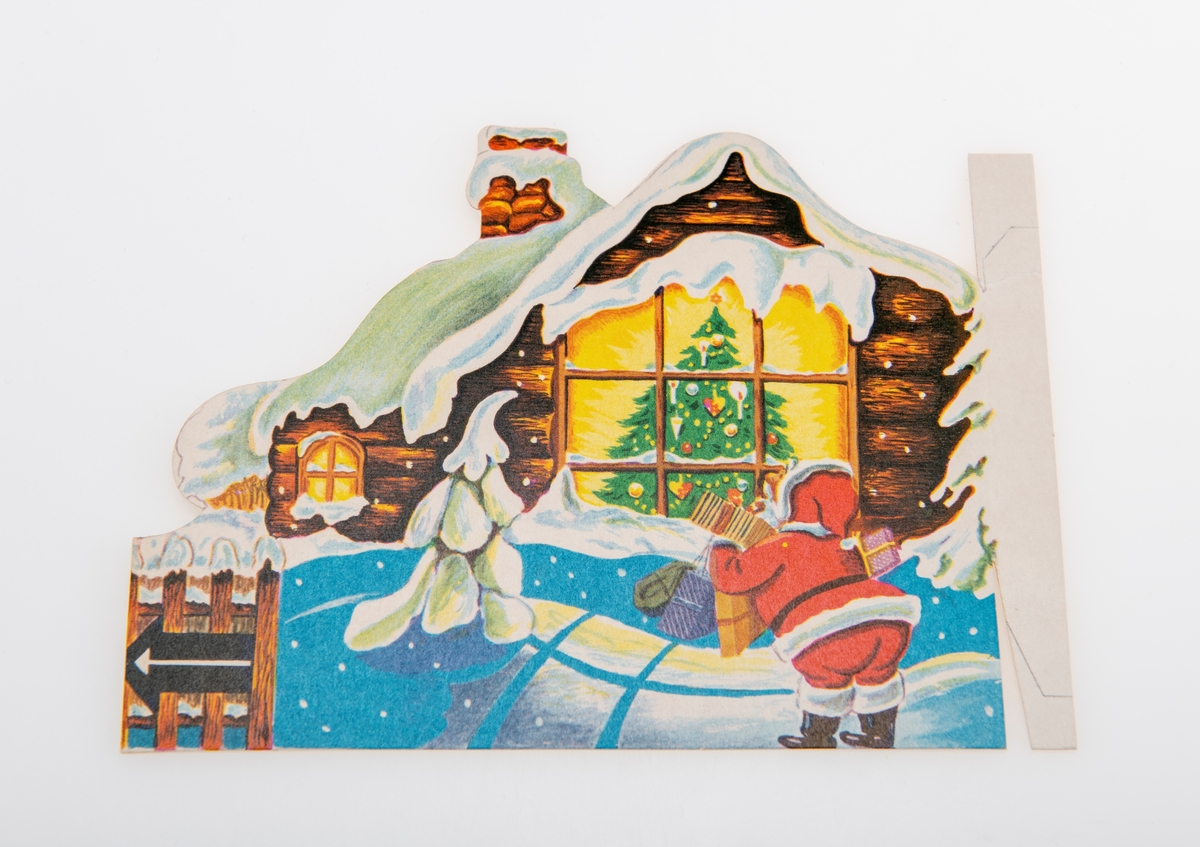 En adventskalender laget av kartong. Sammenbrettet er den flat. På den ene siden er det felt for frimerke/porto og for å skrive på navn/adresse for å kunne sende den i posten. På en andre siden er det påtrykt motiv som viser en husvegg med en grønn inngangsdør og et vindu som er opplyst. Mot veggen står det en trillebår, en bøtte, en benk med en stamp på og en stige. Dette utgjør baksiden på kalenderen når den er oppslått. Når kalenderen er oppslått er den tredimensjonal. I front brettes opp kartong som viser tre nisser rundt en vaskebalje og et reinsdyr med slede. på sleden er det en gavesekk. Deretter er det et felt med "sne". Der er kalenderlukene 1-8. Deretter er det en "tømmerbygning" som stikker ut fra bakgrunnen. I et "vindu" kan man se fire nisser i et kombinert kjøkken/stue. Til høyre er det en grue og på bakveggen er det en tallerkenhylle og et gjøkur. I venstre hjørne står det en tv/et fjernsyn. På høyre side av kalenderen er det en åpning med en pappremse med illustrasjoner. Pappremsen har ulike illustrasjoner som utgjør TV-bilder på nissenes fjernsyn. Kalenderluke 9-24 er på taket. Når man åpner kalenderlukene er det ulike tegninger.
Ved kalenderen lå det ved to pappfigurer. Den ene viser en nisse som står og inn i et vindu som viser en stue med pyntet juletre. Den andre figuren viser en nisse som står ved det snødekt tre. Midten av treet er skåret ut slik at det utgjør en ramme. Det er usikkert om disse originalt tilhører kalenderen.