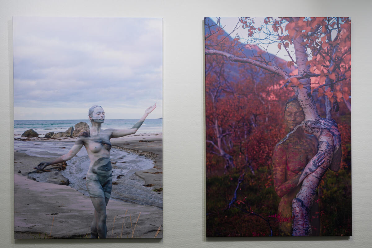 Utsnitt av en utstilling med landskapsbilder der nakne kvinner er en del av landskapet.