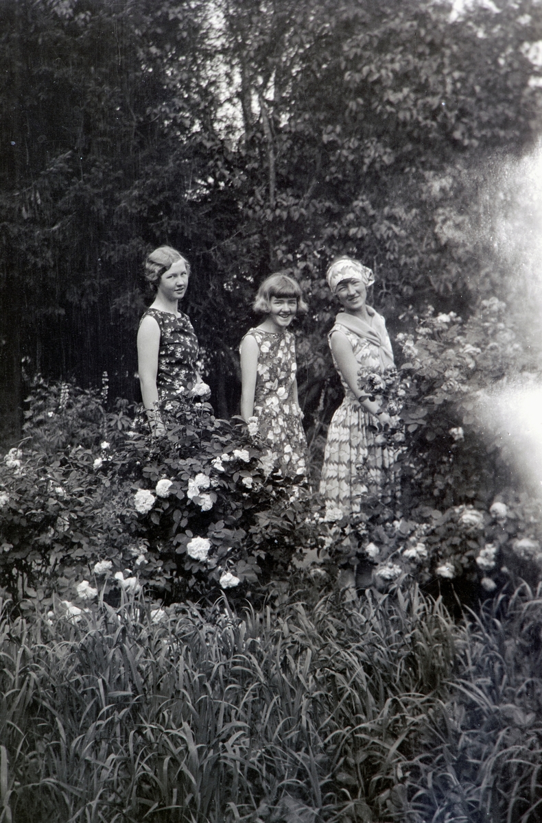 3 søstre Gjestvang i ny innkjøpte kjoler fra Lillehammer. Tv Eli Melbye f: Gjestvang (1911-2004) i midten Andrea Margrethe Glærum f: Gjestvang (1914-1993) th Valborg Taroline Alhaug f: Gjestvang (1904-1992) Bilde er tatt i hagen på Nordre Ottestad, Stange kommune.