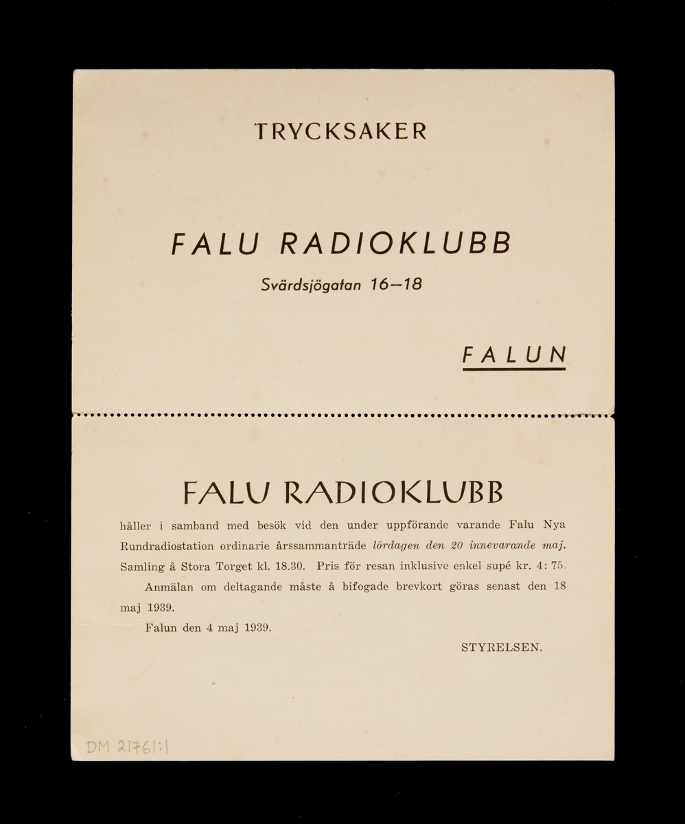 1. Postkort till Herr Ingeniör Rolf Ahr, Svärdsliden Falun. Falu Radioklubb Svärdsjögatan 16-18 Falun.
2. Brevkort och kuvert. Till Rundradiostationen i Falun. Inbjudan till Svenska Radiointresseförbundets radioutställning.
3. Radiohälsning SMZK. 26 maj 1926. Rolf.
4. Veckoprogram från Falu Rundradio 30/11-6/12 1930.
5. Veckoprogram från Falu Rundradio 7/12-13/12 1930.