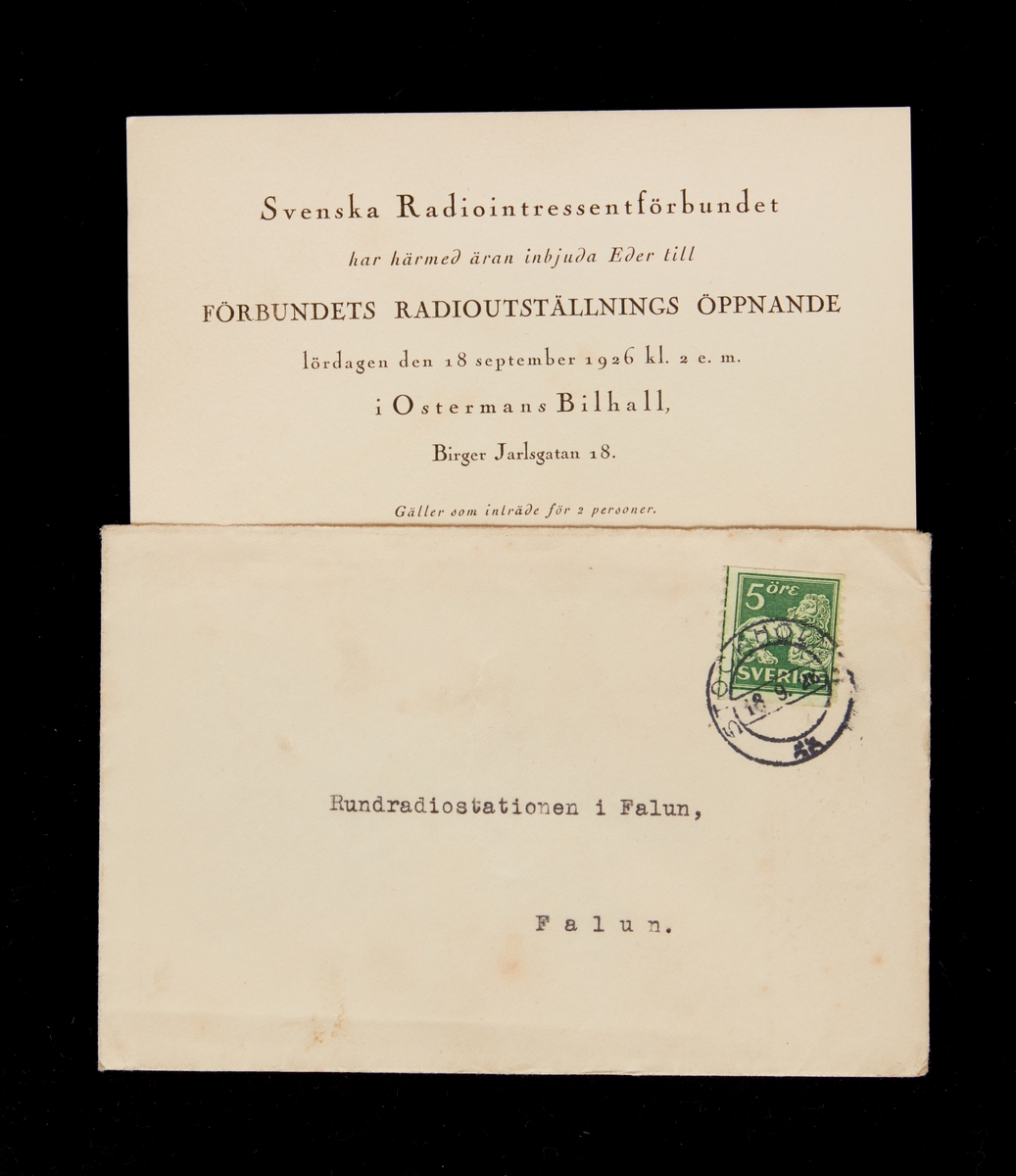 1. Postkort till Herr Ingeniör Rolf Ahr, Svärdsliden Falun. Falu Radioklubb Svärdsjögatan 16-18 Falun.
2. Brevkort och kuvert. Till Rundradiostationen i Falun. Inbjudan till Svenska Radiointresseförbundets radioutställning.
3. Radiohälsning SMZK. 26 maj 1926. Rolf.
4. Veckoprogram från Falu Rundradio 30/11-6/12 1930.
5. Veckoprogram från Falu Rundradio 7/12-13/12 1930.