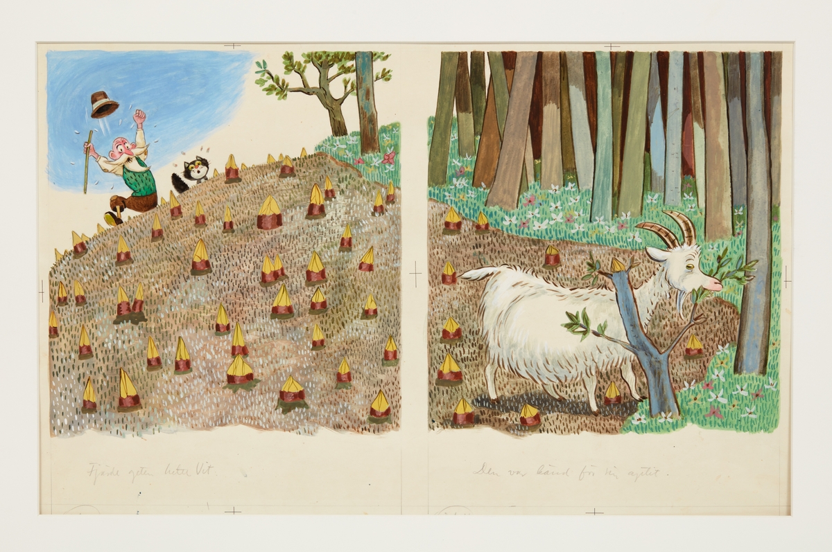 Illustrationer till barnboken Petter och hans fyra getter (egentligen Petter och hans 4 getter) från 1951 som Einar Norelius både illustrerade och skrev. Det är en klassisk barnsaga på rim som man lätt lär sig utantill. 

I sin stuga bodde Petter med en katt och fyra getter. Hela dagen måste Petter valla sina fyra getter. Mitt i skogen i en sten bodde trollet Ludenben. Ludenben var alltid arg - alltid hungrig som en varg. Petters getter åt han upp, fastän Petter ropa "Stopp". Då var katten Murre Svart tvungen att gripa in. 

I decennier har boken kommit ut i nya utgåvor, sedan 2007 av En bok för alla.