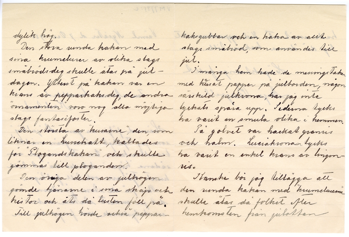 Brevsamling från skilda personer i Värmland rörande gamla julseder.
:3 Maja Bergvall, Värmland, Nysäter 7/12 1928.
